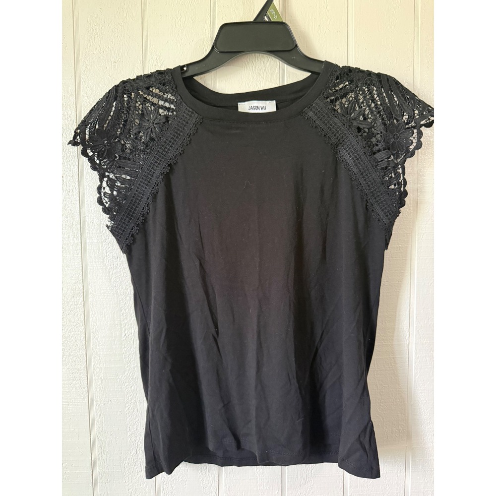 Jason Wu Black Lace Shoulder Short Sleeve Top Crew Neck Cotton Modal Blend M